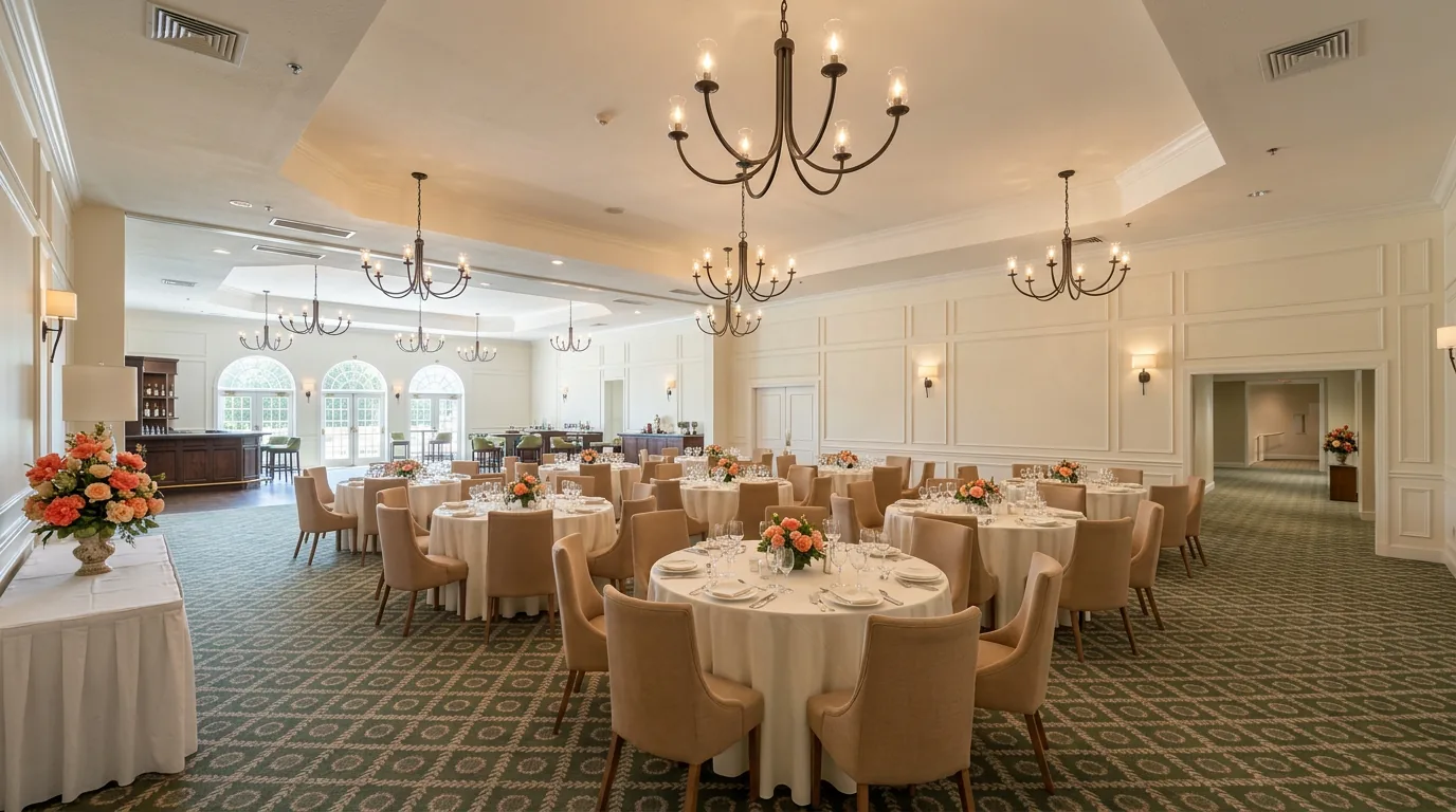 Artist's impression: the ballroom laid with round tables for a wedding dinner