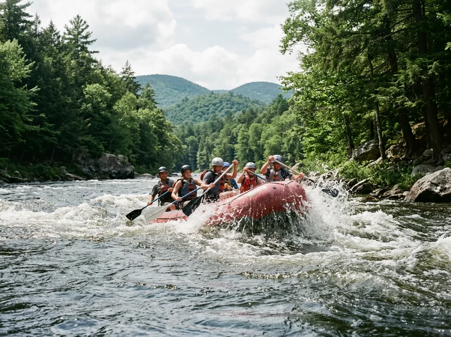 Artist's impression: a raft crew paddling through whitewater between forested banks
