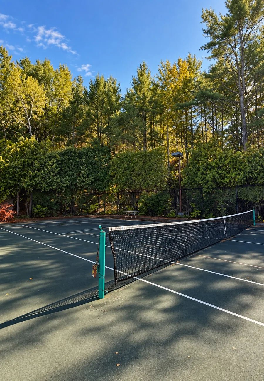 The tennis court against the treeline