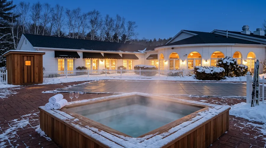 Artist's impression: the outdoor hot tub steaming on a snowy deck at blue hour, the sauna cabin and lit hotel windows behind
