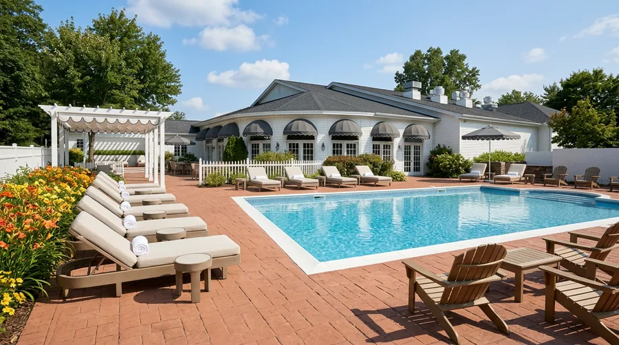 Artist's impression: the outdoor pool with loungers and the hotel wing behind on a summer afternoon