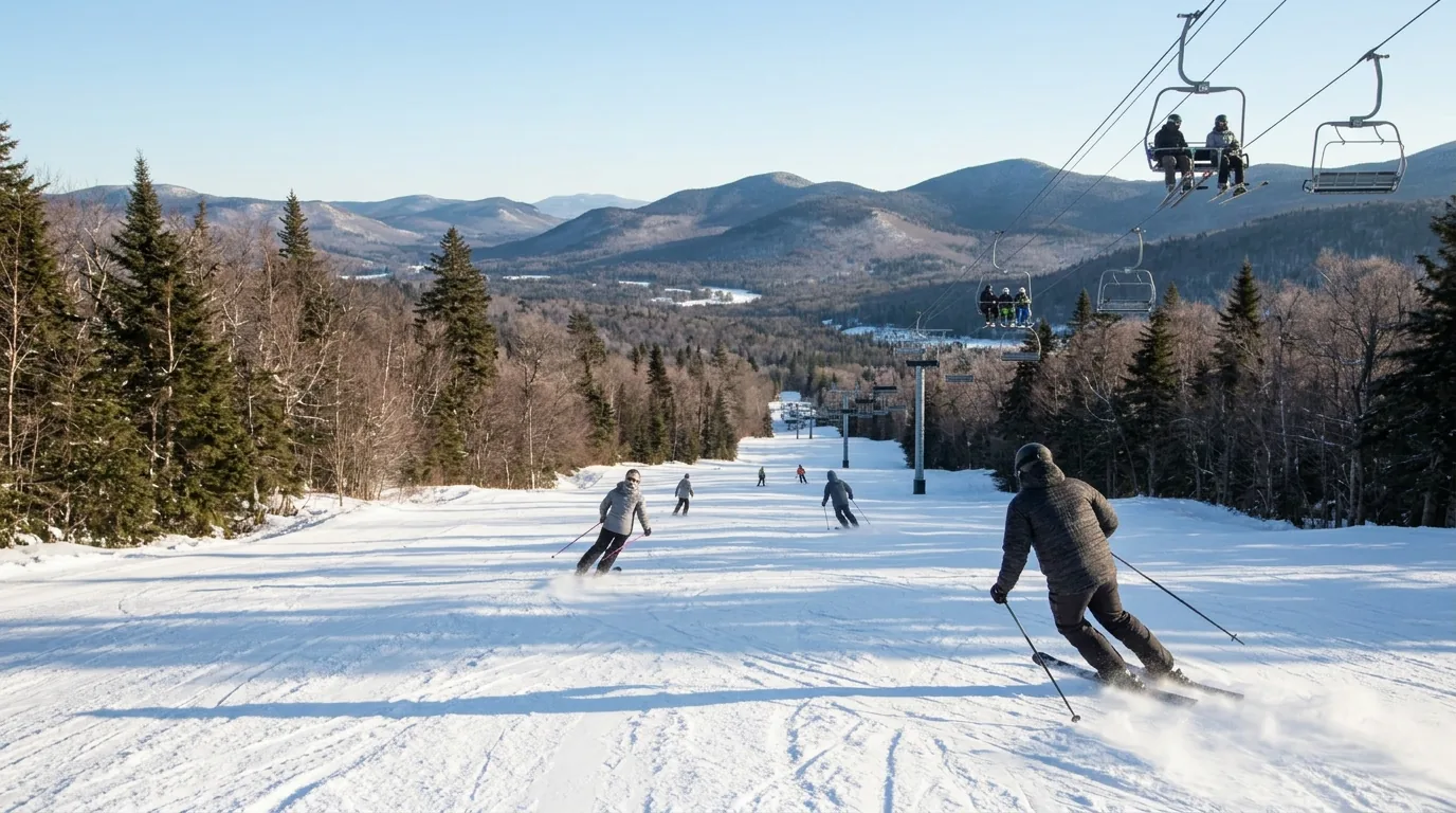 Artist's impression: skiers and snowboarders coming down an Adirondack trail with riders on the chairlift above